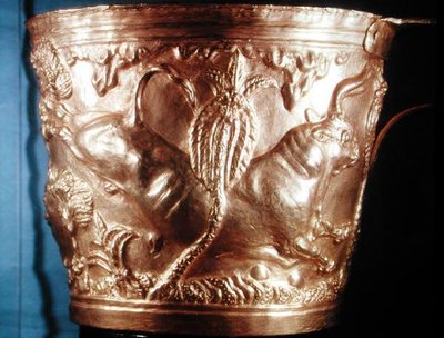 Cup, depicting a wild bull, found in the royal tomb of Vaphio, Sparta by Minoan